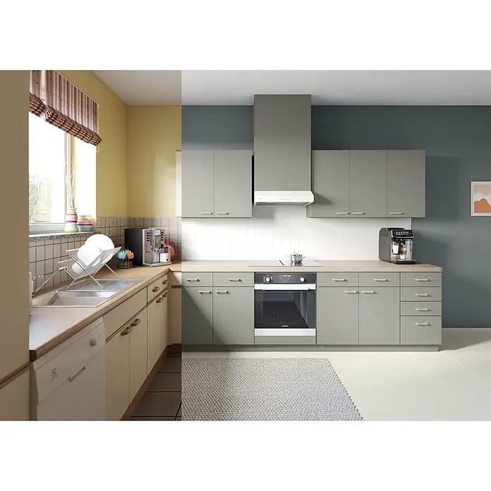 Alpina Wandfarbe Bad & Küche Schiefer - Grau, Matt, 2,5 l - Moderne hellgraue Küche mit integriertem Siemens Backofen, Bosch Dunstabzugshaube und hellen Holzarbeitsplatten.