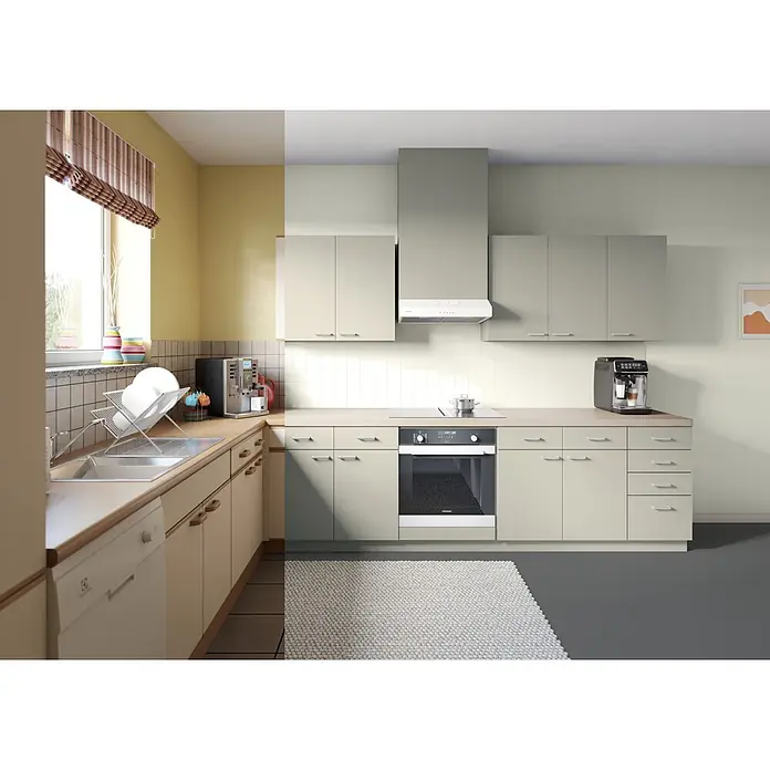Alpina Wandfarbe Bad & Küche Kreidefelsen - Beige, Matt, 2,5 l - Moderne Küche mit hellen Schränken, Holz-Arbeitsplatten und integrierten Geräten wie Backofen und Spülmaschine.