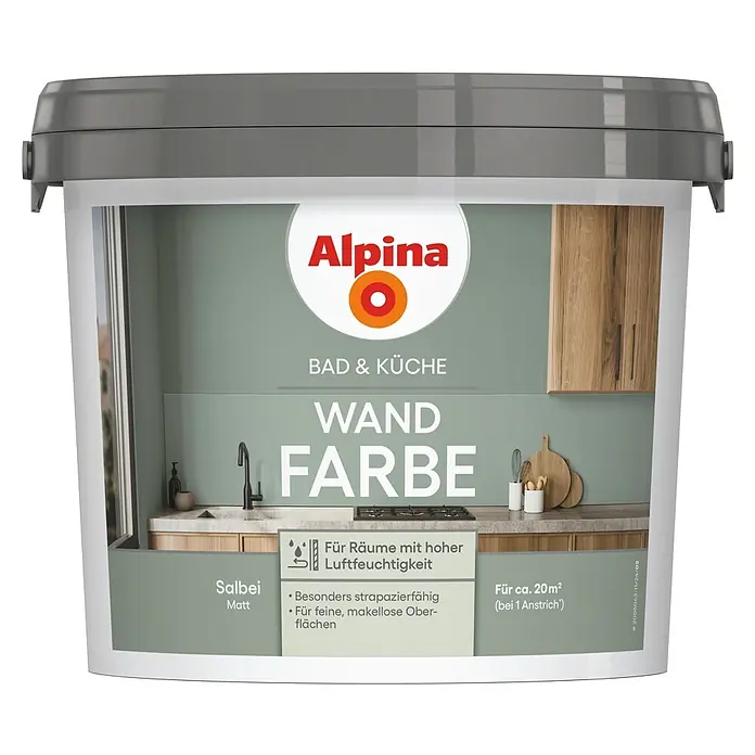 Alpina Wandfarbe Bad & Küche Salbei - Grün, Matt, 2,5 l - Alpina Wandfarbe Salbei Matt für Bad & Küche, strapazierfähig und feuchtigkeitsresistent für hohe Luftfeuchtigkeit.