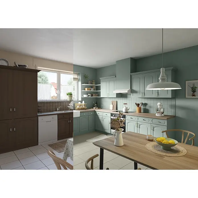 Alpina Wandfarbe Bad & Küche Salbei - Grün, Matt, 2,5 l - Zwei Küchenstile werden gezeigt: ein klassisches dunkles Holzdesign und ein modernes mintgrünes Design.