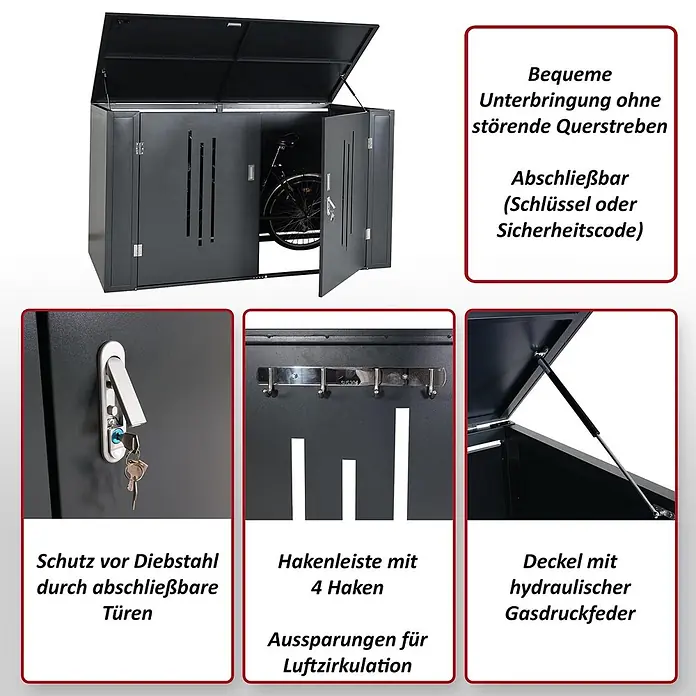 Proregal Fahrradgarage 2er abschließbar - 100 x 202 x 121 cm, Grau - Dunkelgraue Metall-Fahrradgarage, offen mit Fahrrad darin. Abschließbare Türen, hydraulischer Deckel, Belüftung.