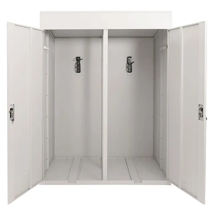 Proregal Fahrradgarage 2er abschließbar - 125 x 158 x 213 cm, Grau - Offener, weißer Metallschrank mit zwei Fächern, jeweils mit Haken und Halterungen.