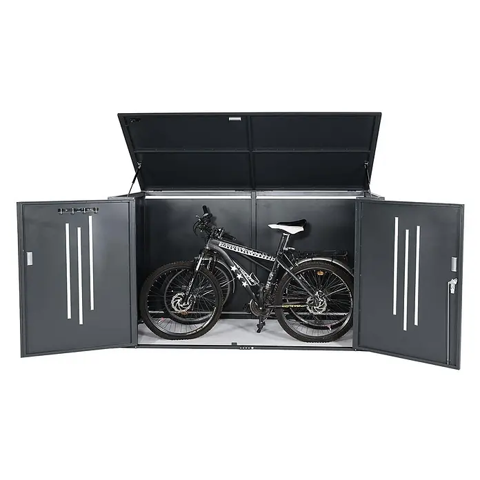 Proregal Fahrradgarage 2er abschließbar - 100 x 202 x 121 cm, Grau - Dunkelgrauer Metall-Fahrradschuppen, komplett geöffnet mit Klappdeckel und Fronttüren, zwei Fahrräder beherbergend.