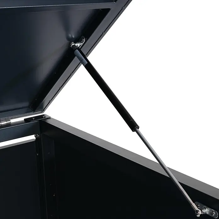 Proregal Fahrradgarage 2er abschließbar - 100 x 202 x 121 cm, Grau - Dunkelgraue Metall-Aufbewahrungsbox mit offenem Deckel, der von einer schwarzen Gasdruckfeder gehalten wird.