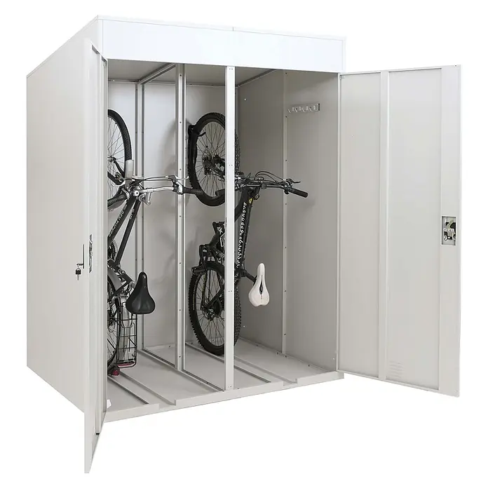Proregal Fahrradgarage 2er abschließbar - 125 x 158 x 213 cm, Grau - Weißer Fahrradschuppen aus Metall mit zwei vertikal verstauten Fahrrädern.