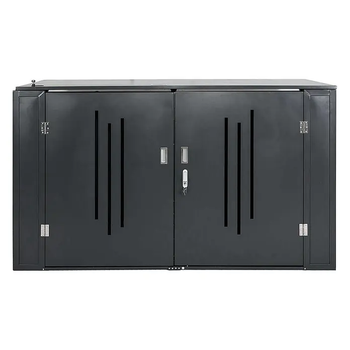 Proregal Fahrradgarage 2er abschließbar - 100 x 202 x 121 cm, Grau - Dunkelgrauer Metall-Gartenschrank mit aufklappbarem Deckel, zwei Türen, vertikalen Zierlamellen und Schloss mit Schlüssel.