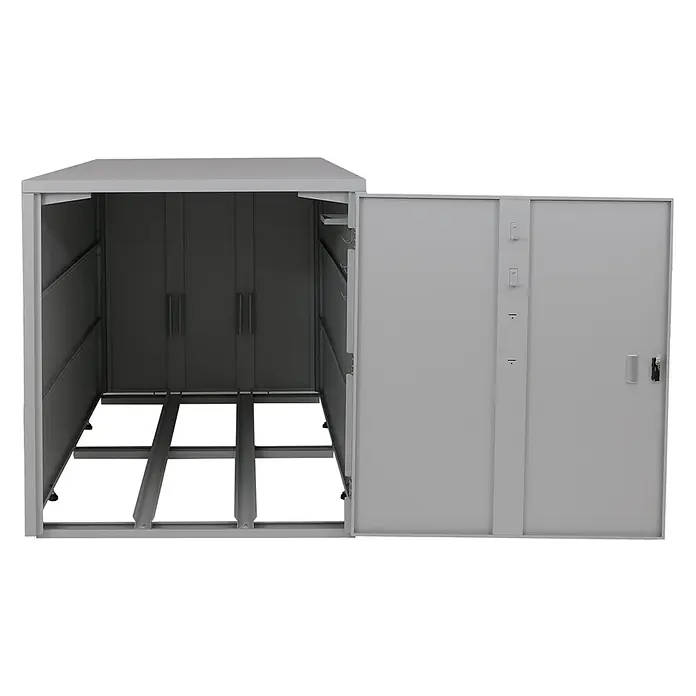 Proregal Fahrradgarage 2er abschließbar verzinkter Stahl - 208 x 113 x 123 cm, Grau - Graues Metall-Fahrradschuppen mit offener Tür und Bodenführung.