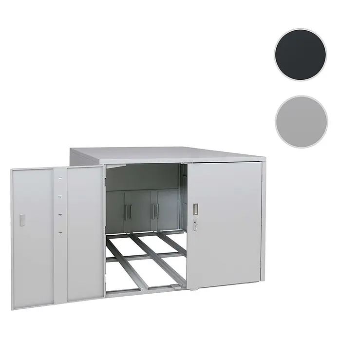 Proregal Fahrradgarage 3er abschließbar verzinkter Stahl - 208 x 148 x 124 cm, Grau - Hellgrauer Metallschrank mit offenen Schiebetüren, zeigt Innenfächer und Bodenstruktur. Erhältlich in Schwarz/Dunkelgrau und Hellgrau.