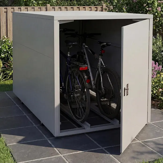 Proregal Fahrradgarage 2er abschließbar verzinkter Stahl - 208 x 113 x 123 cm, Grau - Ein moderner grauer Metall-Fahrradschuppen mit geöffneter Tür, zwei Fahrräder auf einem Ständer in einem Garten auf einer Terrasse zeigend.