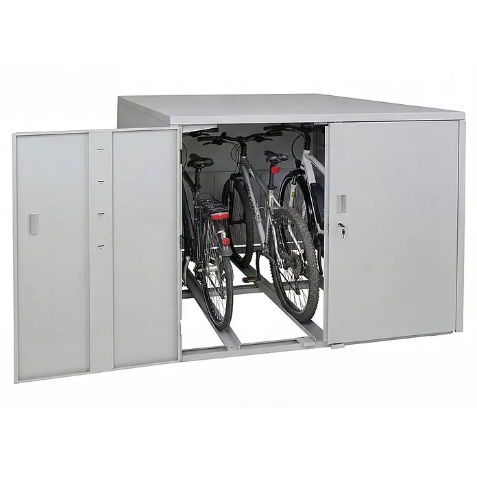 Proregal Fahrradgarage 3er abschließbar verzinkter Stahl - 208 x 148 x 124 cm, Grau - Graue Metall-Fahrradbox mit Schiebetüren, in der mehrere Fahrräder untergebracht sind.