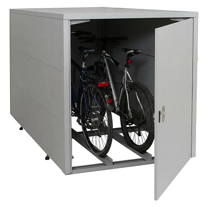 Proregal Fahrradgarage 2er abschließbar verzinkter Stahl - 208 x 113 x 123 cm, Grau - Grauer Metall-Fahrradschuppen mit geöffneter Tür, der zwei Fahrräder auf einem Metallständer zeigt.