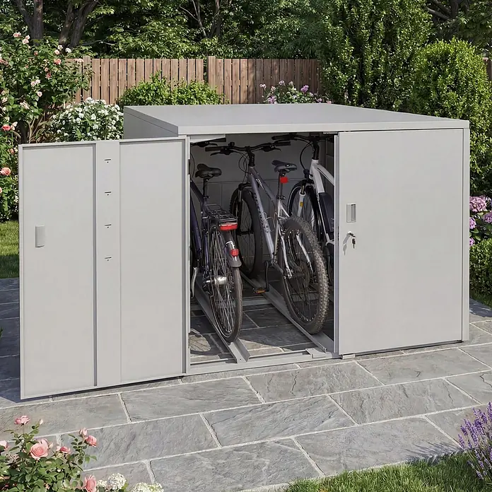 Proregal Fahrradgarage 3er abschließbar verzinkter Stahl - 208 x 148 x 124 cm, Grau - Grauer Metall-Fahrradschuppen mit Schiebetüren, offenbart drei Fahrräder darin, auf einer Terrasse im Garten.