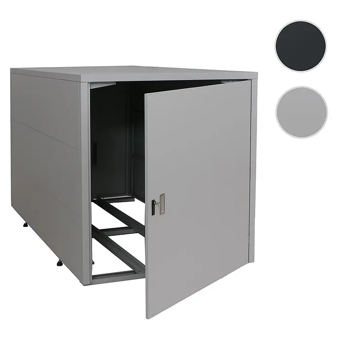 Proregal Fahrradgarage 2er abschließbar verzinkter Stahl - 208 x 113 x 123 cm, Grau - Grauer Metall-Outdoor-Lagerschrank mit geöffneter Tür, zeigt den Innenrahmen. Erhältlich in Dunkel- und Hellgrau.