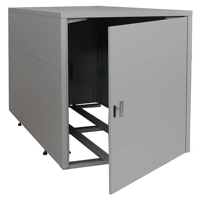 Proregal Fahrradgarage 2er abschließbar verzinkter Stahl - 208 x 113 x 123 cm, Grau - Grauer Metall-Lagerschrank mit offener Tür, der innere Stützrahmen zeigt.