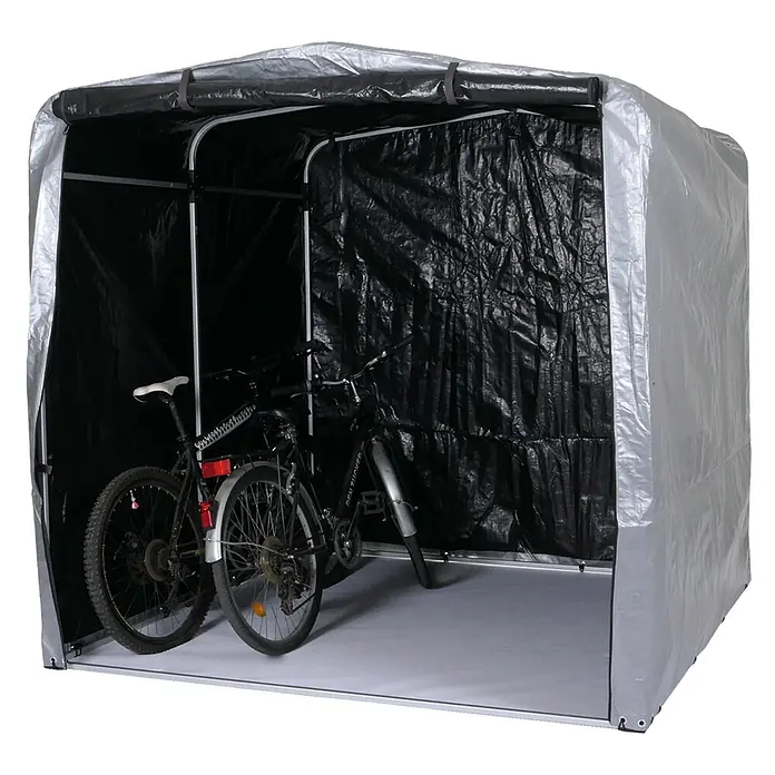 Proregal Fahrradgarage UV-Schutz wasserfest - Kunststoff, Silber - Ein grauer Fahrrad-Abstellschuppen aus Plane mit schwarzem Innenraum, in dem zwei Fahrräder stehen.