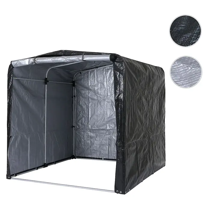 Proregal Fahrradgarage UV-Schutz wasserfest - Kunststoff, Silber - Schwarzes portables Vordach mit stabilem Stahlrahmen und strapazierfähiger Plane, vorne offen.