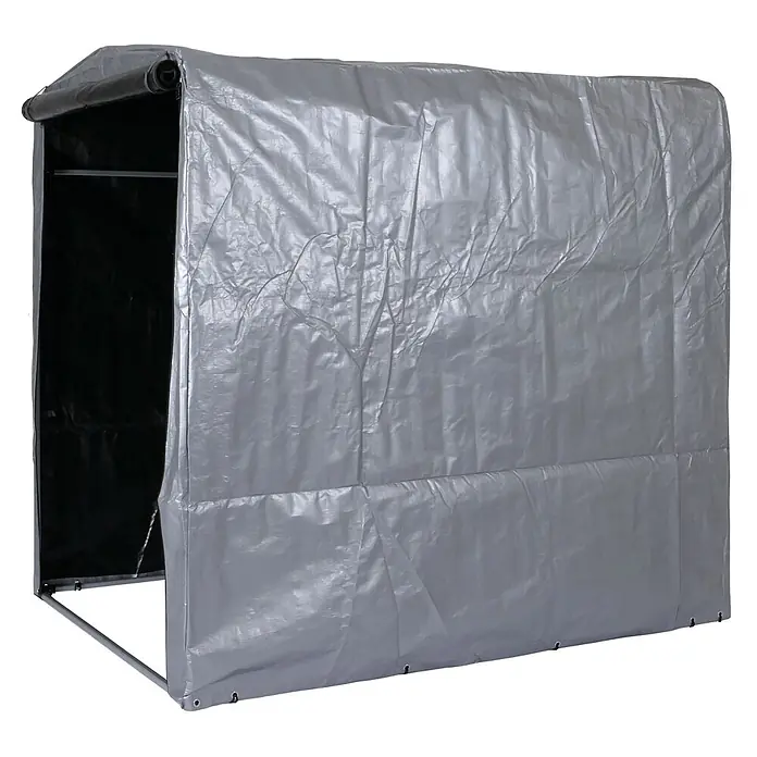 Proregal Fahrradgarage UV-Schutz wasserfest - Kunststoff, Silber - Grauer, tarpüberdachter tragbarer Geräteschuppen mit offener Front und Metallrahmen.