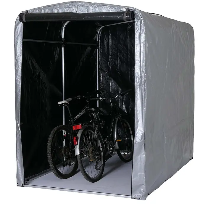 Proregal Fahrradgarage UV-Schutz wasserfest - Kunststoff, Silber - Graues Planen-Fahrradzelt mit schwarzem Innenraum und Rolltor, das zwei Fahrräder beherbergt.