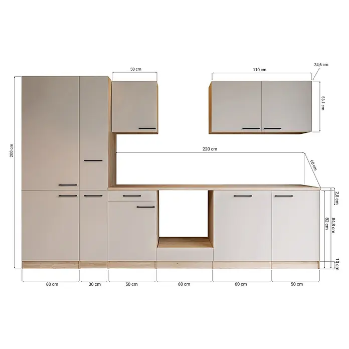 Respekta Merle Küchenleerblock - Breite: 310 cm, Kaschmir, Ohne Elektrogeräte - Modulare Küchenschrankkombination in Holzoptik und Beige mit detaillierten Maßen.