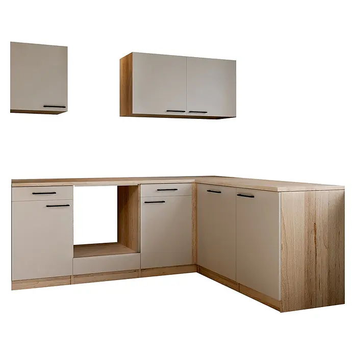 Respekta Merle Küchenleerblock - B x L: 220 x 172 cm, Kaschmir, Ohne Elektrogeräte - L-förmige Küchenschränke mit hellbeigen Fronten und hellen Holzoptik-Elementen, mit schwarzen Griffen.