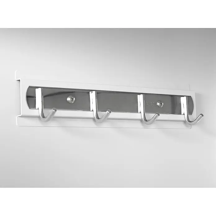 Proregal Fahrradgarage erweiterbar abschließbar - 122 x 79 x 192 cm, Grau - Weiße Wandgarderobe mit vier silbernen Edelstahlhaken.