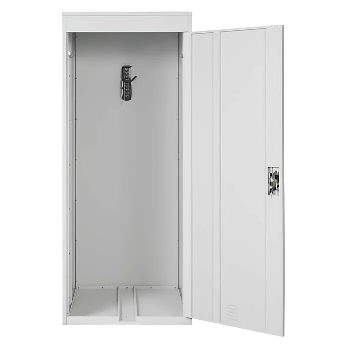 Proregal Fahrradgarage erweiterbar abschließbar - 122 x 79 x 192 cm, Grau - Weißer Metallschrank mit geöffneter Tür, zeigt einen Kleiderhaken und zwei geneigte Bodenfächer.