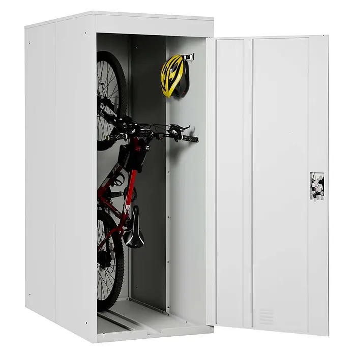 Proregal Fahrradgarage erweiterbar abschließbar - 122 x 79 x 192 cm, Grau - Weißer Metall-Fahrradschuppen mit einem roten Fahrrad und einem gelben Helm darin.