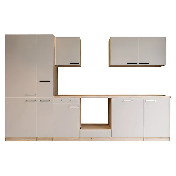 Respekta Merle Küchenleerblock - Breite: 310 cm, Kaschmir, Ohne Elektrogeräte - Modulare Küchenschränke in Hellbeige mit hellen Holzdetails, Arbeitsplatte und schwarzen Griffen.