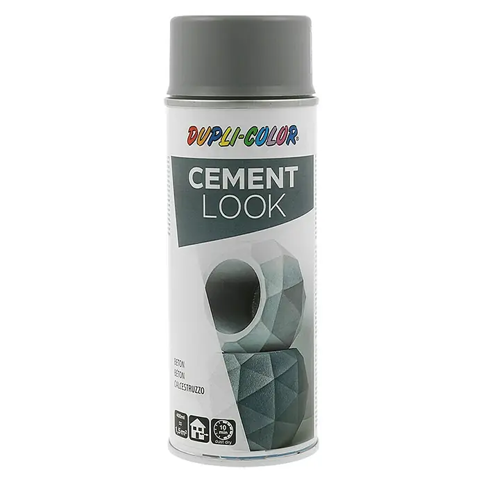 Dupli-Color Spezial-Lackspray Cement Look - Hoover Dark, Matt, 400 ml - Sprühdose Dupli-Color Cement Look für Betonoptik mit grauem Deckel und Abbildung von Deko-Elementen auf der Dose.