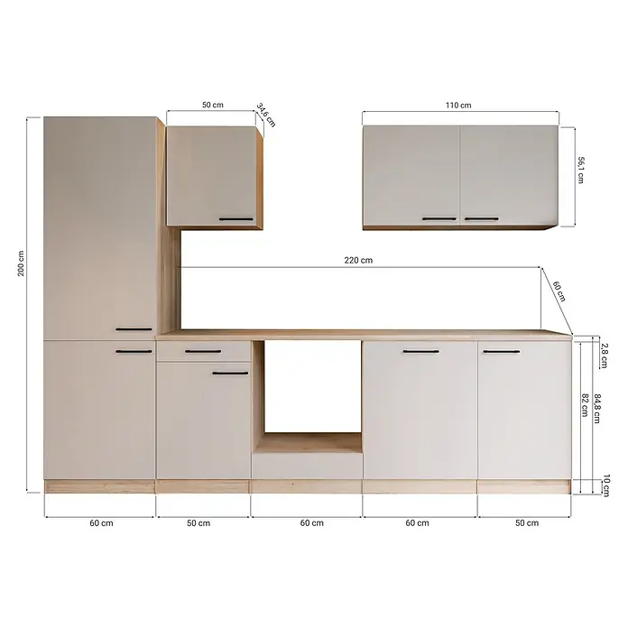 Respekta Merle Küchenleerblock - Breite: 280 cm, Kaschmir, Ohne Elektrogeräte - Modulare Küchenzeile in Beige mit heller Holzoptik und klaren Maßen.