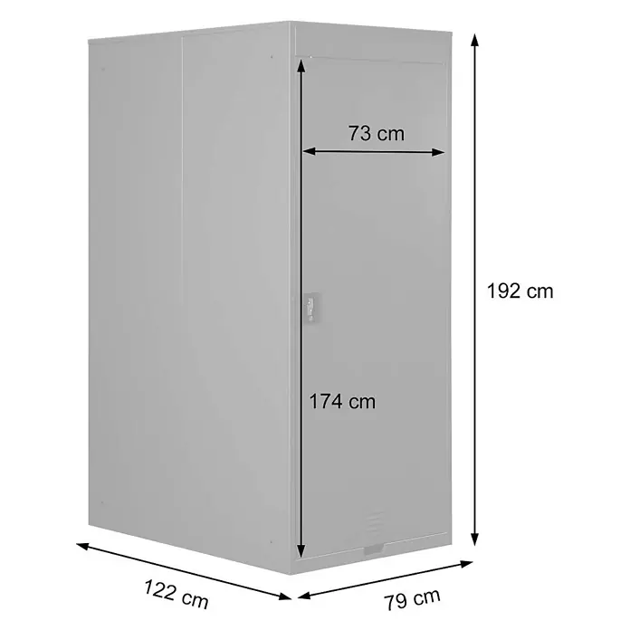 Proregal Fahrradgarage erweiterbar abschließbar - 122 x 79 x 192 cm, Grau - Grauer Metall-Lagerschrank mit sichtbaren Maßen.