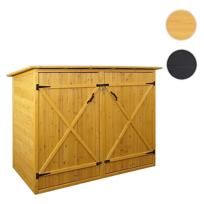 Proregal Fahrradgarage 1er abschließbar - Holz, Grau - Garten-Geräteschuppen aus Holz, naturfarben, Doppeltüren mit X-Verstrebung, schwarze Beschläge und Vorhängeschlösser.