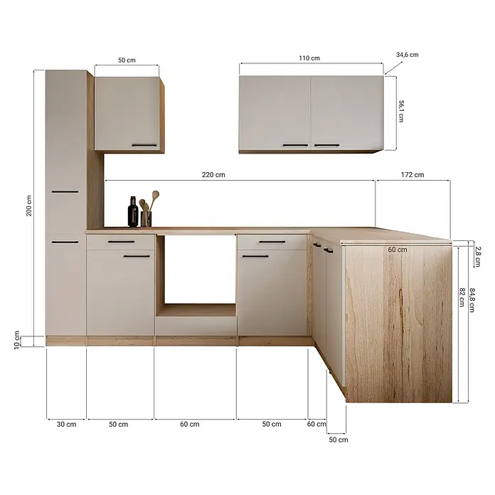 Respekta Merle Küchenleerblock - B x L: 250 x 172 cm, Kaschmir, Ohne Elektrogeräte - Ein modulares Küchensystem mit hellbeigen und Holzoptik-Fronten, L-förmiger Arbeitsplatte und integrierten Griffen, mit detaillierten Maßen.