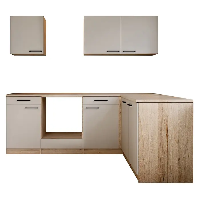 Respekta Merle Küchenleerblock - B x L: 220 x 172 cm, Kaschmir, Ohne Elektrogeräte - Helle beige Küchenschränke mit Holz-Arbeitsplatte und schwarzen Griffen, inkl. Unter- und Oberschränken.