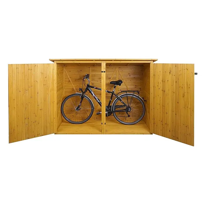 Proregal Fahrradgarage 1er abschließbar - Holz, Braun - Helle Holz-Fahrradbox mit zwei geöffneten Türen, in der ein schwarzes Fahrrad steht.