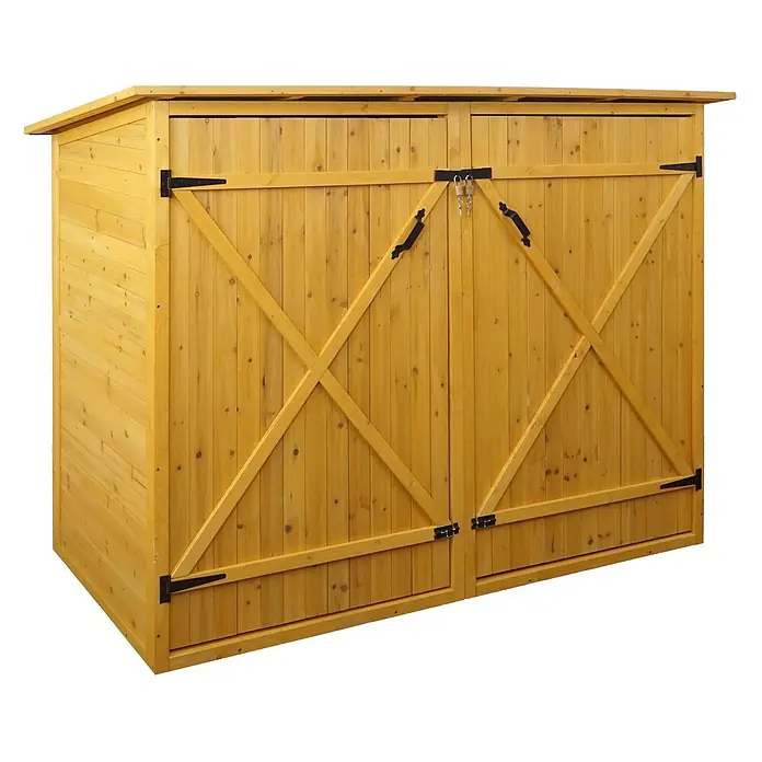 Proregal Fahrradgarage 1er abschließbar - Holz, Braun - Hellbrauner Holz-Gartenschrank mit Doppeltüren, X-Streben, schwarzen Scharnieren und zwei Vorhängeschlössern.