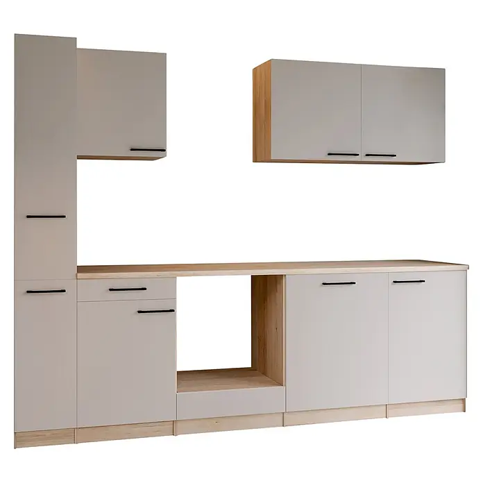 Respekta Merle Küchenleerblock - Breite: 250 cm, Kaschmir, Ohne Elektrogeräte - Modulare Küchenzeile in Hellgrau und hellem Holz mit schwarzen Griffen. Mit Ober- und Unterschränken sowie Arbeitsplatte.