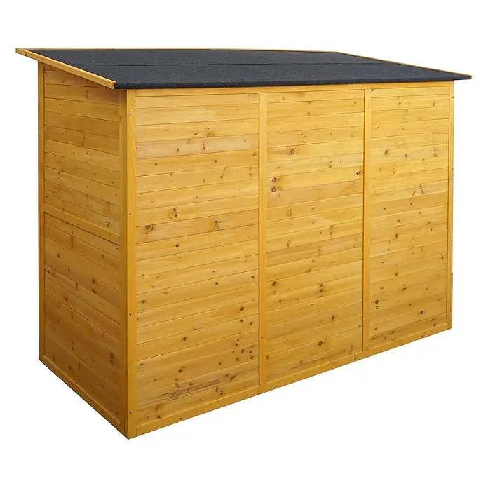 Proregal Fahrradgarage 1er abschließbar - Holz, Braun - Hellbrauner Holz-Gartenschuppen mit schwarzem Schrägdach zur Aufbewahrung im Freien.