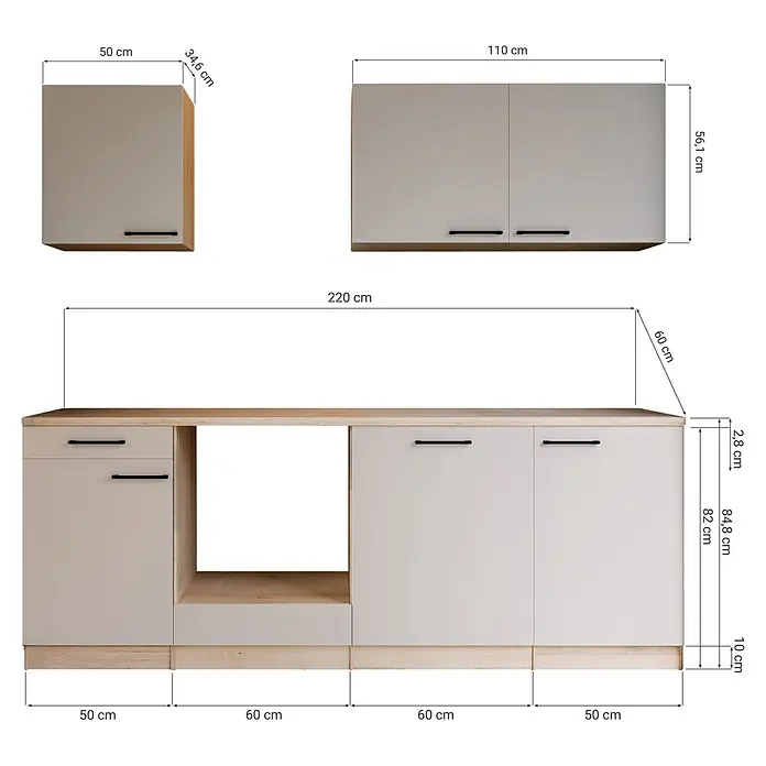Respekta Merle Küchenleerblock - Breite: 220 cm, Kaschmir, Ohne Elektrogeräte - Hellgraue und holzfarbene Küchenschränke mit Maßen, bestehend aus zwei Hängeschränken und einem 220 cm breiten Unterschrank mit Arbeitsplatte.