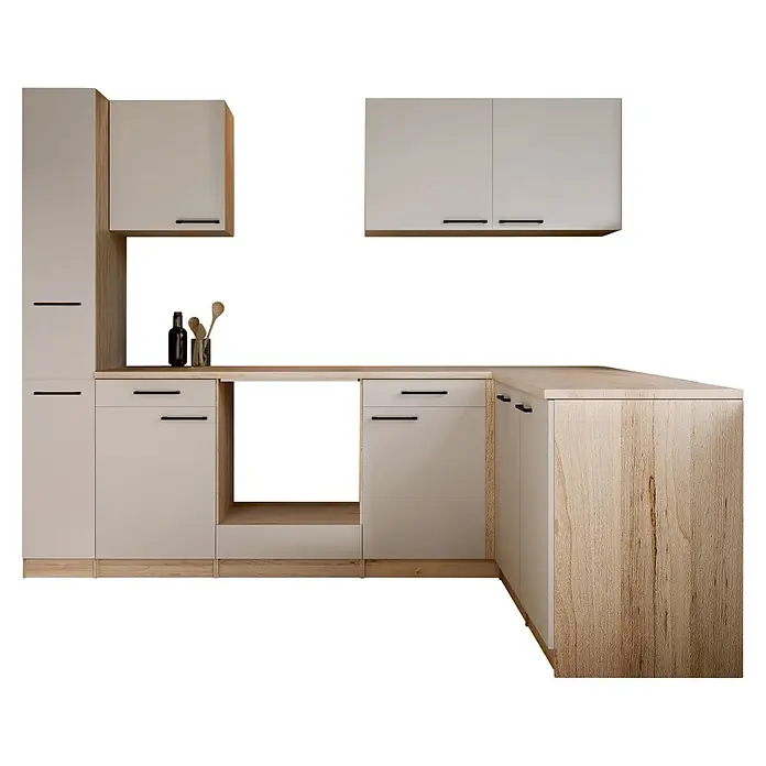 Respekta Merle Küchenleerblock - B x L: 250 x 172 cm, Kaschmir, Ohne Elektrogeräte - Moderne L-förmige Küchenzeile mit hellen Holzelementen und hellbeigen Fronten. Besteht aus Unter- und Oberschränken sowie einer Arbeitsplatte.