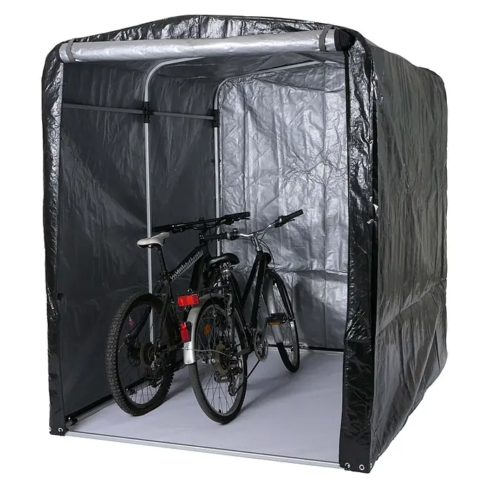 Proregal Fahrradgarage UV-Schutz wasserfest - Kunststoff, Grau - Schwarzes Planen-Fahrradzelt mit silbernem Innenraum, in dem zwei Fahrräder stehen.