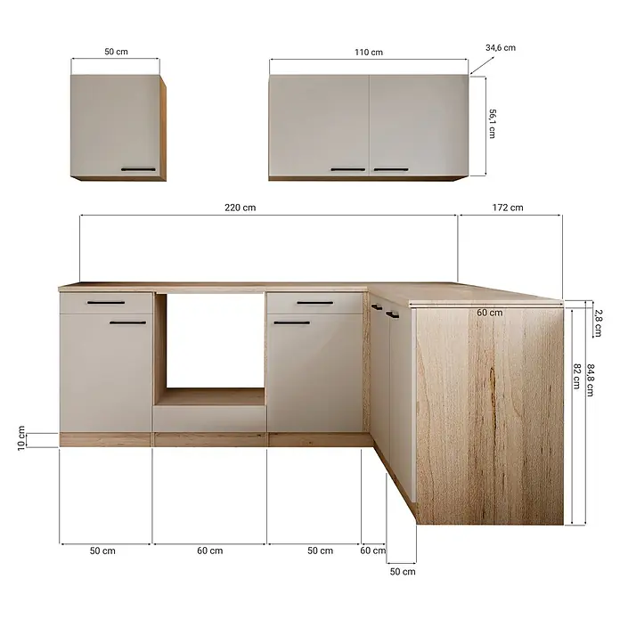 Respekta Merle Küchenleerblock - B x L: 220 x 172 cm, Kaschmir, Ohne Elektrogeräte - Modulares Küchenschrank-Set in hellem Holz und Hellbeige mit schwarzen Griffen, mit verschiedenen Abmessungen und einer Ecklösung.