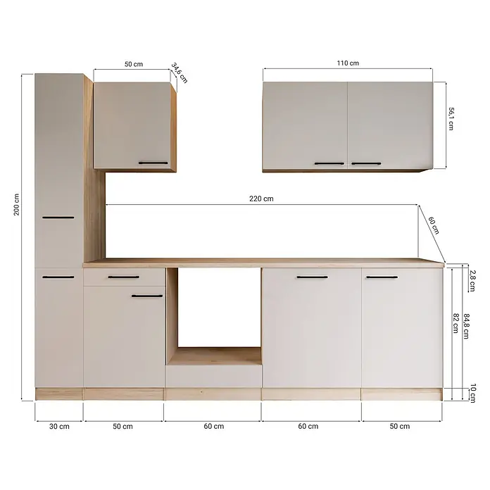 Respekta Merle Küchenleerblock - Breite: 250 cm, Kaschmir, Ohne Elektrogeräte - Modulare Küchenzeile mit hellbeigen Schränken und Holzdetails, inklusive Maße für Unter- und Oberschränke.