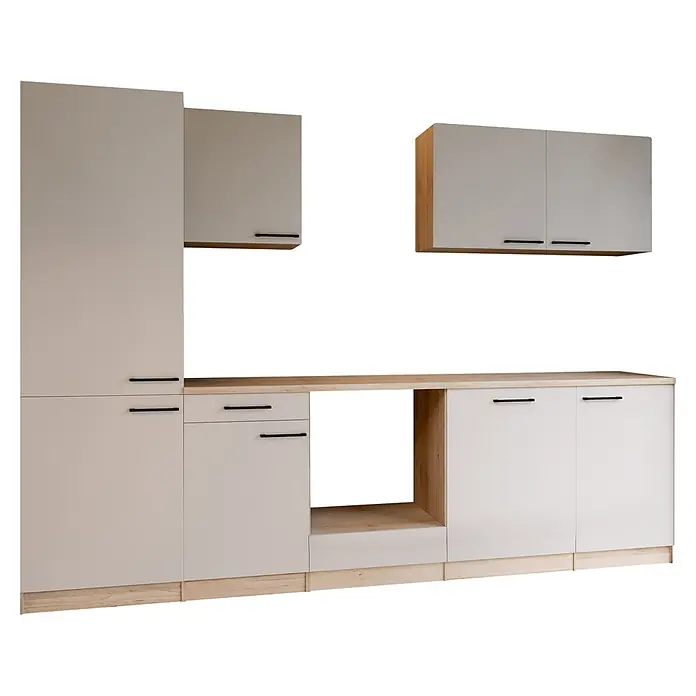 Respekta Merle Küchenleerblock - Breite: 280 cm, Kaschmir, Ohne Elektrogeräte - Moderne Küchenschränke mit hellbeigen Türen, hellen Holz-Arbeitsplatten und Sockeln sowie schwarzen Griffen.