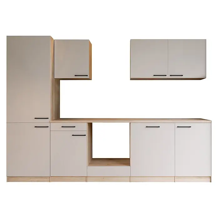 Respekta Merle Küchenleerblock - Breite: 280 cm, Kaschmir, Ohne Elektrogeräte - Modulare Aufbewahrungsschränke mit hellbeigen Türen, hellen Holzdetails und schwarzen Griffen.