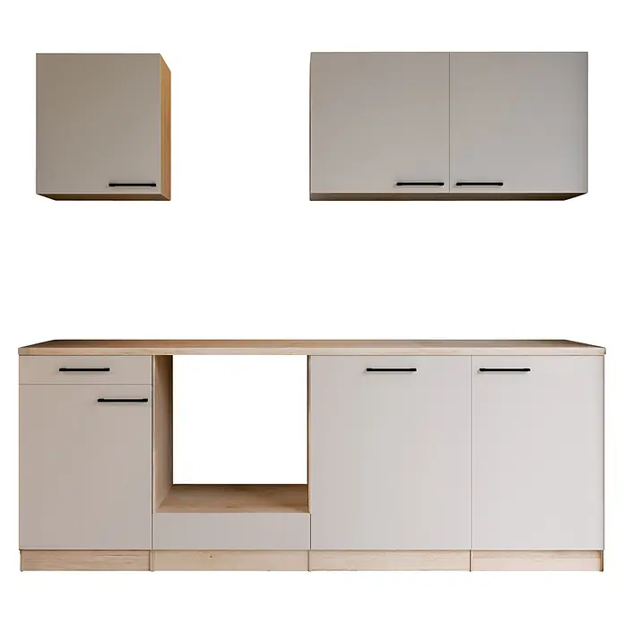 Respekta Merle Küchenleerblock - Breite: 220 cm, Kaschmir, Ohne Elektrogeräte - Moderne Küchenschränke in Hellbeige mit schwarzen Griffen und hellen Holzdetails, bestehend aus Hänge- und Unterschränken mit Schubladen und offenen Fächern.