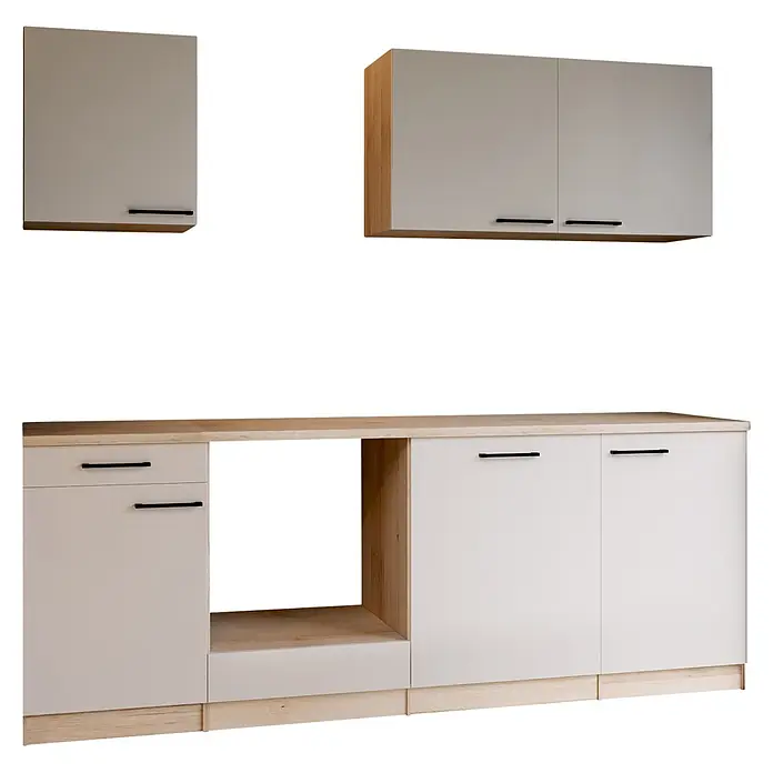 Respekta Merle Küchenleerblock - Breite: 220 cm, Kaschmir, Ohne Elektrogeräte - Moderne Küchenschränke mit hellen Holzelementen und hellbeigen Türen/Schubladen mit schwarzen Griffen.