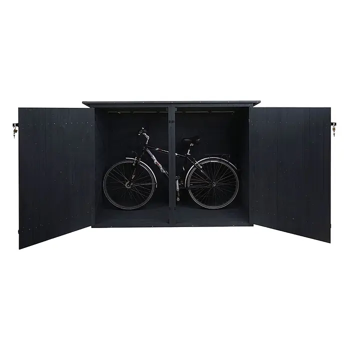 Proregal Fahrradgarage 1er abschließbar - Holz, Grau - Dunkelgrauer Holz-Fahrradschuppen mit offenen Türen, in dem ein Fahrrad steht.