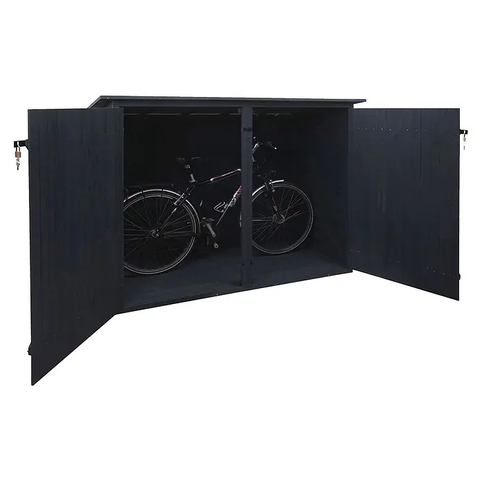 Proregal Fahrradgarage 1er abschließbar - Holz, Grau - Dunkelgrauer Fahrradschuppen aus Holz mit geöffneten Türen, ein Fahrrad ist darin verstaut. Ein Vorhängeschloss hängt an der linken Tür.