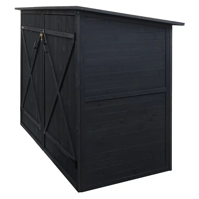 Proregal Fahrradgarage 1er abschließbar - Holz, Grau - Schwarzer Holzschuppen mit Pultdach und Doppeltüren mit X-Design und Vorhängeschloss.